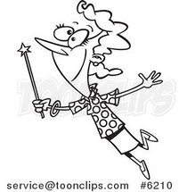 Cartoon Black and White Line Drawing of a Lady with a Magic Wand by Toonaday