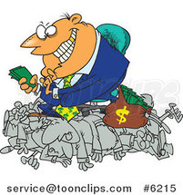Cartoon Greedy Manager Counting His Money and Sitting on His Employees by Toonaday