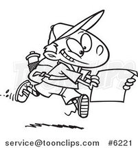 Cartoon Black and White Line Drawing of a Hiking Boy Using a Map by Toonaday