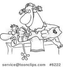 Cartoon Black and White Line Drawing of a Rough Female Massage Therapist Mangling a Patient by Toonaday
