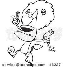 Cartoon Black and White Line Drawing of a Lion Using a Comb and Blow Dryer on His Mane by Toonaday