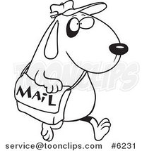 Cartoon Black and White Line Drawing of a Dog Postal Worker Carrying a Mail Bag by Toonaday