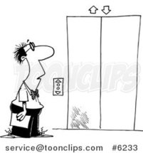 Cartoon Black and White Line Drawing of a Business Man Waiting for an Elevator by Toonaday
