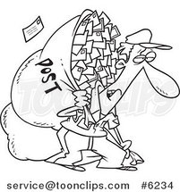 Cartoon Black and White Line Drawing of a Tired Mail Guy Carrying a Big Bag by Toonaday