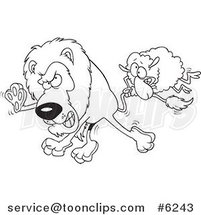 Cartoon Black and White Line Drawing of a Sheep Attacking a Lion by Toonaday