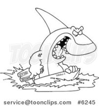 Cartoon Black and White Line Drawing of a Shark Steering a Boat by Toonaday