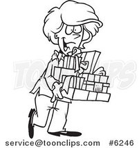 Cartoon Black and White Line Drawing of a Happy Lady Carrying Gifts by Toonaday