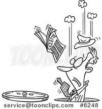 Cartoon Black and White Line Drawing of a Business Man Falling into a Manhole by Toonaday