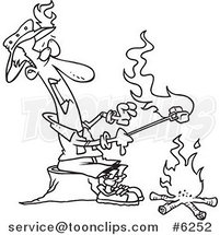 Cartoon Black and White Line Drawing of a Guy Roasting Marshmallows and Catching His Hat on Fire by Toonaday