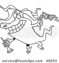 Cartoon Black and White Line Drawing of a Mardi Gras Crocodile Holding a Trumpet by Toonaday