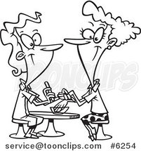 Cartoon Black and White Line Drawing of a Pleasant Manicurist Working on a Client by Toonaday