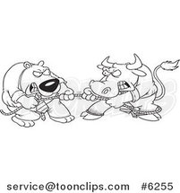 Cartoon Black and White Line Drawing of a Market Bull and Bear Engaged in Tug of War by Toonaday