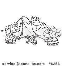 Cartoon Black and White Line Drawing of a Bear Watching Camping Boys Roast Marshmallows by Toonaday