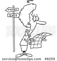 Cartoon Black and White Line Drawing of a Lost Lady Trying to Read a Map by Toonaday