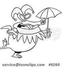 Cartoon Black and White Line Drawing of a Mardi Gras Crocodile Holding an Umbrella by Toonaday