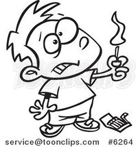 Cartoon Black and White Line Drawing of a Boy Playing with Matches by Toonaday