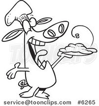 Cartoon Black and White Line Drawing of a Chef Pig Holding up His Masterpiece by Toonaday