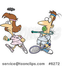 Cartoon Angry Lady Walking Away from Her Opponent After Shoving a Ball in His Mouth by Toonaday