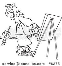 Cartoon Black and White Line Drawing of a Artist Painting His Masterpiece by Toonaday