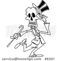 Cartoon Black and White Line Drawing of a Dancing Skeleton by Toonaday
