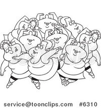 Cartoon Black and White Line Drawing of Nine Ladies Dancing by Toonaday