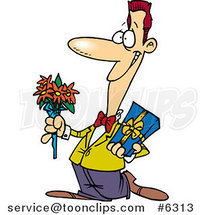 Cartoon Courting Guy Holding Flowers and a Gift by Toonaday