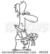Cartoon Black and White Line Drawing of a Pleased Dad Holding a Wrench Gift by Toonaday