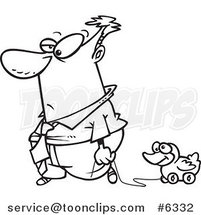 Cartoon Black and White Line Drawing of a Business Man Rolling His Duck Toy by Toonaday