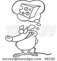 Cartoon Black and White Line Drawing of a Mouse Daydreaming of Cheese by Toonaday