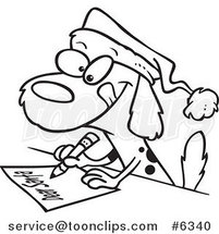 Cartoon Black and White Line Drawing of a Dog Writing a Letter to Santa by Toonaday