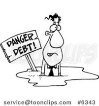 Cartoon Black and White Line Drawing of a Business Man Drowning in Debt by Toonaday