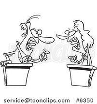 Cartoon Black and White Line Drawing of a Business Man and Lady Debating by Toonaday