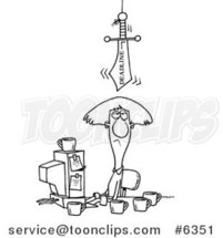 Cartoon Black and White Line Drawing of a Deadline Sword Looming over a Business Woman by Toonaday