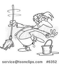 Cartoon Black and White Line Drawing of a Lady Dancing and Mopping by Toonaday