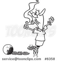 Cartoon Black and White Line Drawing of a Lady Breaking Free from Debt by Toonaday