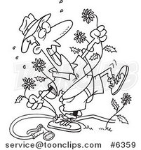Cartoon Black and White Line Drawing of a Mad Guy Pulling Dandelions by Toonaday