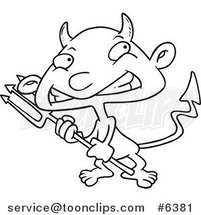 Cartoon Black and White Line Drawing of a Boy Devil by Toonaday