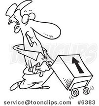 Cartoon Black and White Line Drawing of a Delivery Guy with a Package on a Dolly by Toonaday
