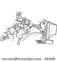 Cartoon Black and White Line Drawing of a Computer Sucking in a Business Man by Toonaday