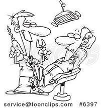 Cartoon Black and White Line Drawing of a Dentist Holding Pliers and a Drill over a Patient by Toonaday