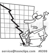 Cartoon Black and White Line Drawing of a Chart Crashing into a Business Man's Foo by Toonaday