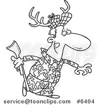 Cartoon Black and White Line Drawing of a Deer Hunter Wearing Antlers by Toonaday