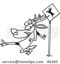 Cartoon Black and White Line Drawing of a Crossing Deer by Toonaday