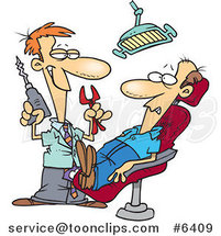 Cartoon Dentist Holding Pliers and a Drill over a Patient by Toonaday