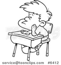 Cartoon Black and White Line Drawing of a Bored School Boy in Detention by Toonaday