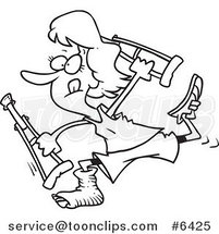 Cartoon Black and White Line Drawing of a Determined Lady Running with Crutches by Toonaday