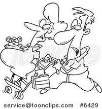 Cartoon Black and White Line Drawing of a Guy Pushing His Pregnant Wife on a Dolly by Toonaday