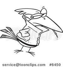 Cartoon Black and White Line Drawing of a Delinquent Bird Smoking by Toonaday