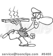 Cartoon Black and White Line Drawing of a Pizza Delivery Guy Running by Toonaday