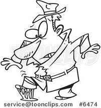 Cartoon Black and White Line Drawing of a Detective Stepping in Gum by Toonaday